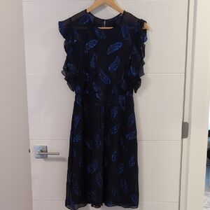 BCBGMaxAzria Flutter Sleeve Metallic Feather Print Dress - POCKETS